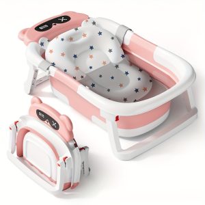 Baby Bathtub with Soft Cushion And Thermometer Portable Travel Foldable Baby Bathtub with Drain Hole Durable Foldable Baby Bath Tub Newborn to Toddler