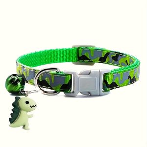 1pc Adjustable Leopard Print Camouflage Pet Collar with Jingle Bell & Cute Dinosaur Pendant